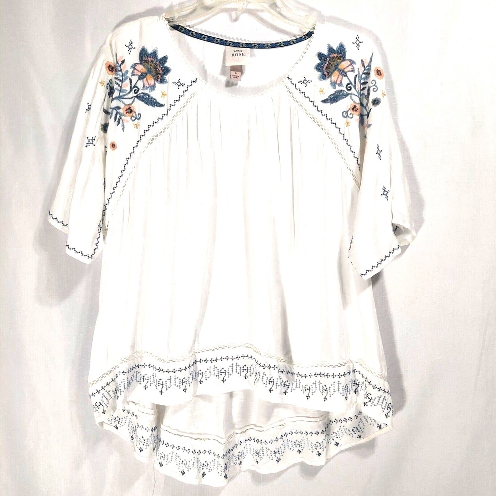 Knox Rose Womens Large Boho Peasant Blouse White High Low Embroidery Scoop Neck